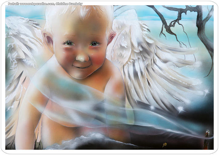 Portrait Baby, gemaltes Bild von Fotovorlage frei nach Ihren Wnschen mit Farbgestaltung und Hintergrund von Christine Dumbsky. Flgel, Adler, Spatz, Zweige mit Babykontur, Streichholz