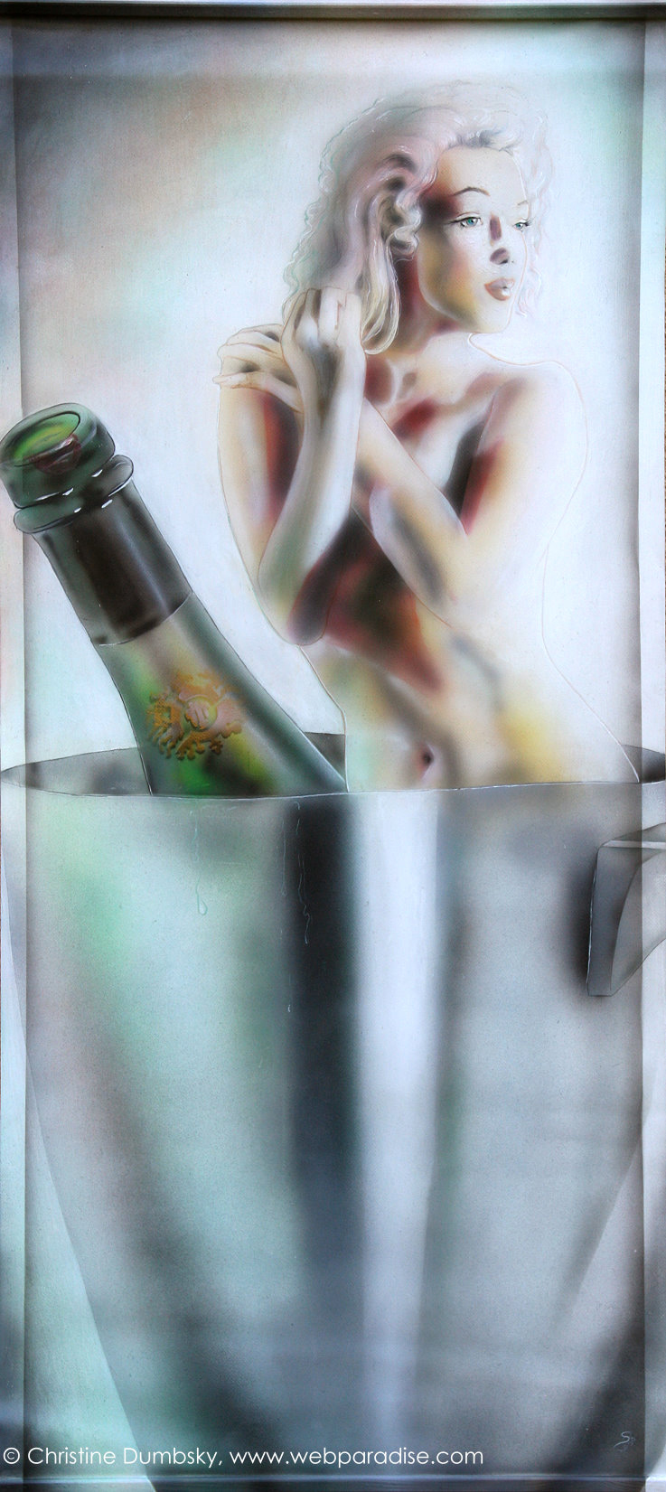 Marylin Monroe, marilin monro, Genie in a bottle, flaschengeist, bottle ghost, girl and bottle, frau und flasche, sekt, wein, weinkuebel, sektkuebel, eisw&uuml;rfel, eiswuerfel, flaschenhals, flasche, champagner, champagnerkuebel, champagnerk&uuml;bel, popart, pinup by Christine Dumbsky