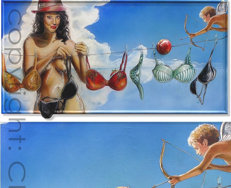 you can leave your hat on painting, artwork, painting, Gem&auml;lde, gemaelde, Malerei auf Holz, Music, Joe Cocker, Apfel, Hut, Amor, Damenw&auml;sche, Unterw&auml;sch, BH, Bh's, take off your bra, take off your shirt and dress, Artundressed by Christine Dumbsky, Frauenbilder, frauengem&auml;lde, frauengemaelde, gemalte Frau, Frauenthemen, women, womenpaintings, woman, painting on canvas, womencontent, content of women, apple, hat, angel with arrow, Pfeil und Bogen, Fl&uuml;gel, Blau, W&auml;scheleine, wire, apples on a wire, eva, musikinspiriert, inspired by music, panel,  wooden panel