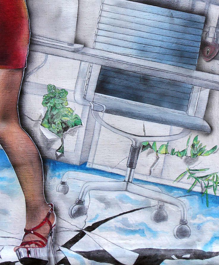 Bodenlos, zersprungen, korrodiert, alleinerziehend, alleinerziehende Mutter, Kinder, schreien, fordern, Balanceakt, Beruf, Familie, Mutter, Herd, Kind, Beruf, Berufsschanchen, Bodenlos, aus dem Gleichgewicht, geteilt, verschlossen, eingesperrt, Zeitrahmen klein, Verantwortung gro�, Frauenbild, Frauenbilder, Erwartungshaltung, Gesellschaft, Erziehungsauftrag, pers�nliche Entfaltung zur�ckgesteckt, Familienleben, Betreuung, Kinderbetreuung, finanzielle Abh�ngigkeit, gesellschaftlicher Status, Kinderkriegen, Kindererziehung, Gem�lde, Gemaelde, Frauengem�lde, frauengemaelde, Weltsicht, Gesellschaft im Wandel