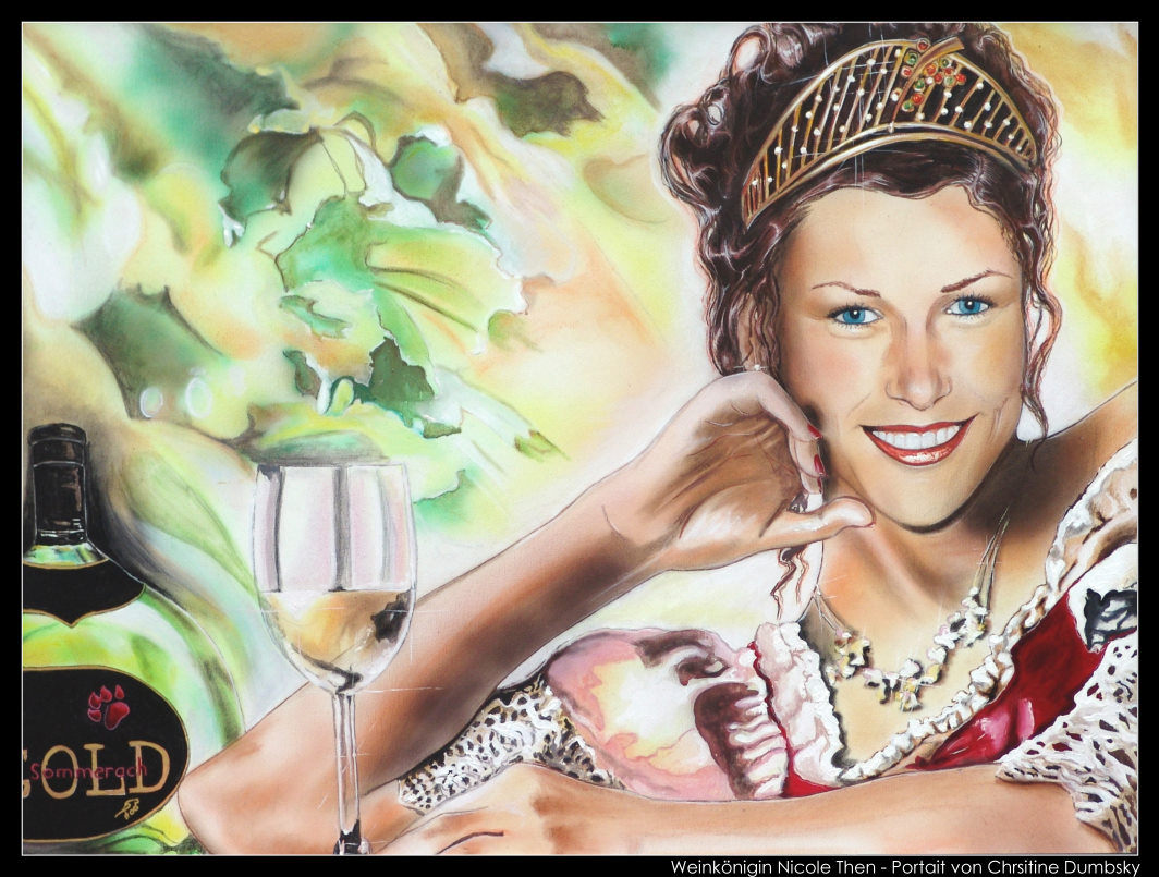 Deutsche Weinkönigin Nicole Then - Portrait gemalt von Christine Dumbsky, ausgestellt im Rathaus Sommerach am Main