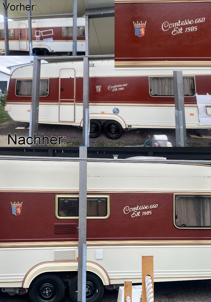 Schriftzug gestalltung christine dumbsky wohnwagen und kratzerkaschierung
