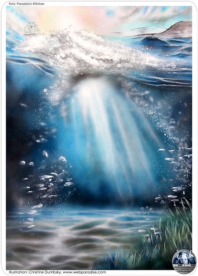 meer-ozean-weltmeere-unter-wasser-unterwasser, Landmarke, see, segelschiff auf rauhem Seegang, meeresgrund-meeresboden-isometrische-illustration-buchcover-buchumschlag-design-christine-dumbsky