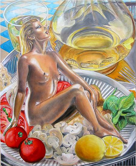 white girl with white wine on mushrooms and tomatos