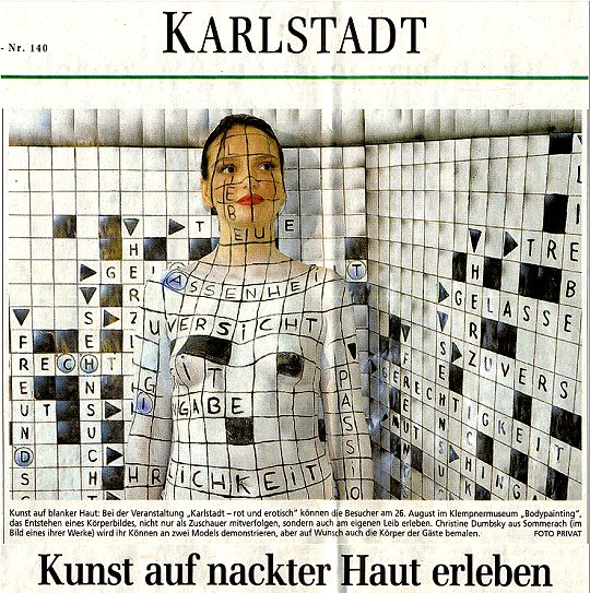 Presseartikel &uuml;ber das Karlstadt rot und erotisch Event mit der K&uuml;nstlerin Christine Dumbsky und deren Bodypainting Live Performance    Press article about the event of the town Karlstadt and the BodyArt live performance of Christine Dumbsky there
