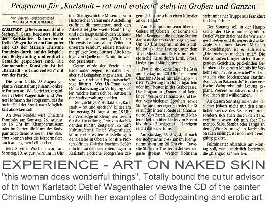 Presseartikel &uuml;ber das Karlstadt rot und erotisch Event mit der K&uuml;nstlerin Christine Dumbsky und deren Bodypainting Live Performance
