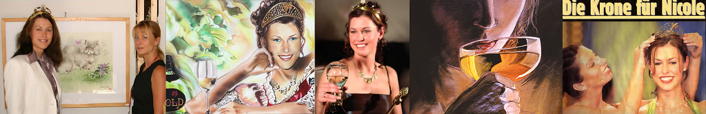 Christine Dumbsky und die deutsche Weinknigin Nicole Then bei einer Ausstellung der chinesischen Knstlerin Ms. Gu, welche Christine in China persnlich kennenlernte und hernach in Sommerach im Winzerkeller eine Ausstellung mit deren Bildern organisierte. Neben der Knstlerin und der Weinknigin sehen sie deren Portrait, dass die Knstlerin noch vor der Krnung gemalt hatte. 